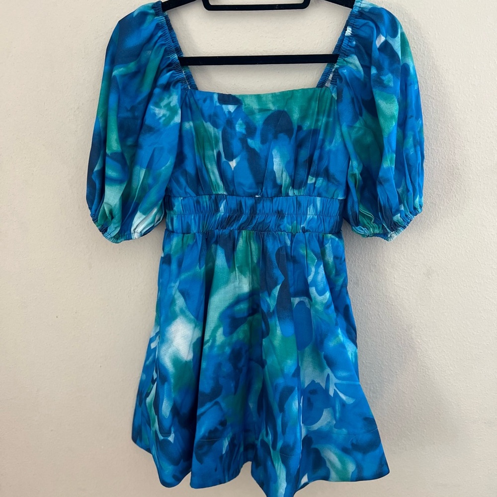 Blue and Green Puff Sleeve Dress